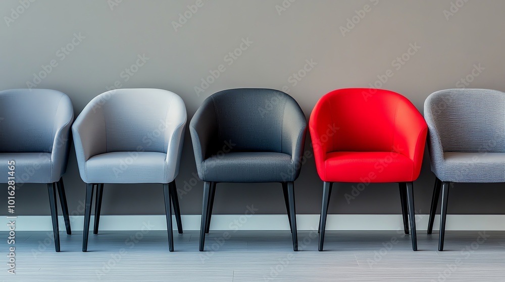 A row of five chairs, four gray and one red. A row of five chairs, four gray and one red.