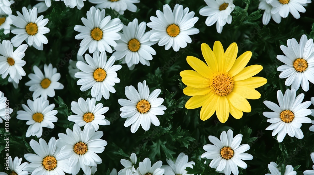 A single yellow daisy stands out among a field of white daisies. A single yellow daisy stands out among a field of white daisies.