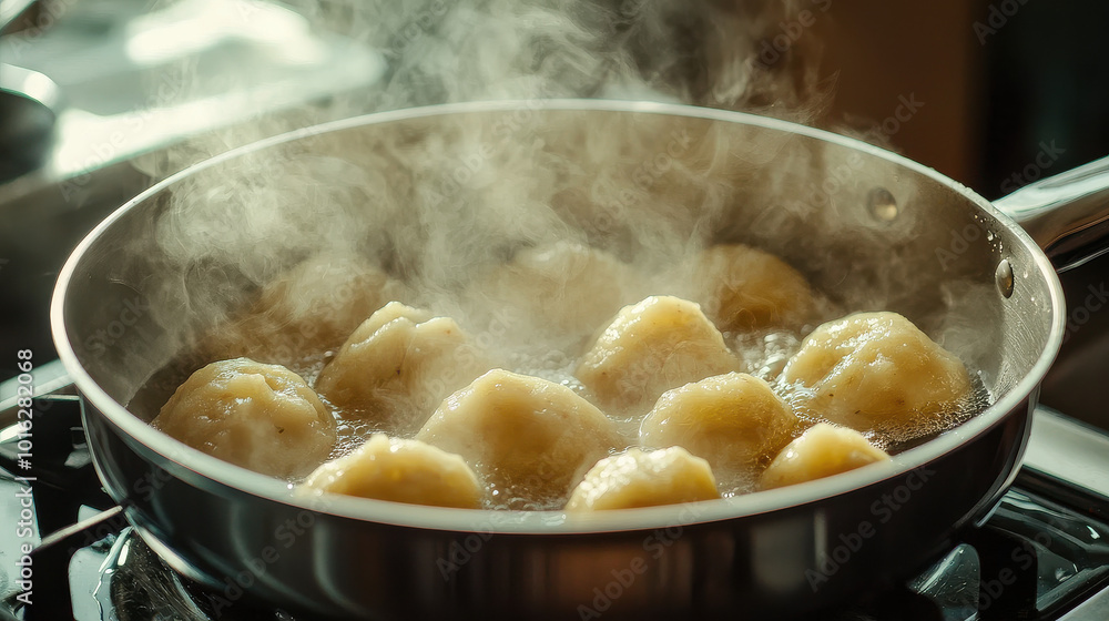A pan filled with dumplings releases steam as they cook on a stovetop, highlighted by warm, natural light, creating an inviting kitchen atmosphere. A pan filled with dumplings releases steam as they cook on a stovetop, highlighted by warm, natural light, creating an inviting kitchen atmosphere.