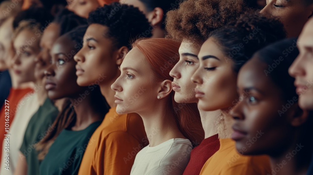 A diverse group of people standing side by side, showcasing various hairstyles and skin tones, promoting unity and inclusion. A diverse group of people standing side by side, showcasing various hairstyles and skin tones, promoting unity and inclusion.