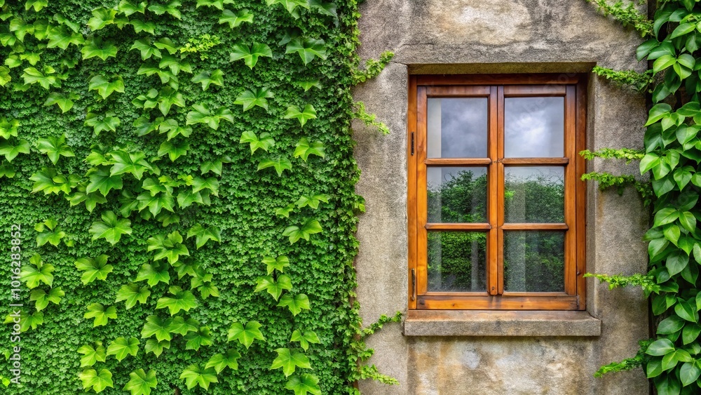 Natural fresh green leaf covered cement wall with wooden glass windows Extreme Close-Up Natural fresh green leaf covered cement wall with wooden glass windows Extreme Close-Up