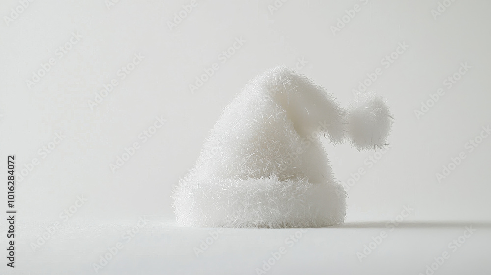 A crisp white Santa hat is beautifully displayed against a neutral backdrop, capturing the serene simplicity and tranquil spirit of the winter season's festivities. A crisp white Santa hat is beautifully displayed against a neutral backdrop, capturing the serene simplicity and tranquil spirit of the winter season's festivities.
