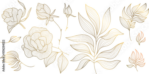 Vector set of art deco drawn leaves and flowers. Roses line illustrations, gold on white isolated. Floral graphic elements