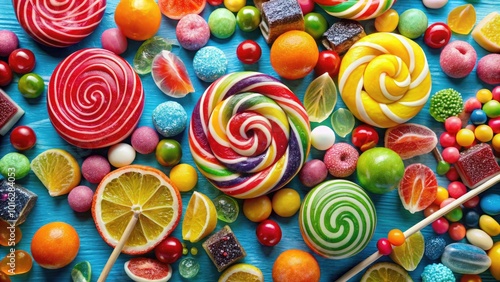 Colorful Sweets and Candies on Blue Background for Vibrant Stock Photography