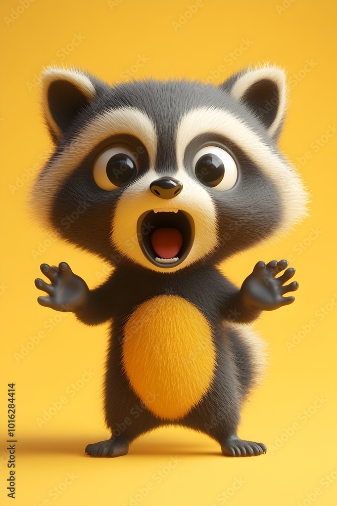 Fototapeta premium Surprised Chibi Raccoon Character with Raised Paws and Open Mouth on Plain Backdrop