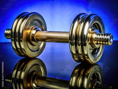 Conceptual Sport Pattern with Metal Dumbbell on Blue Background for Fitness and Gym Enthusiasts