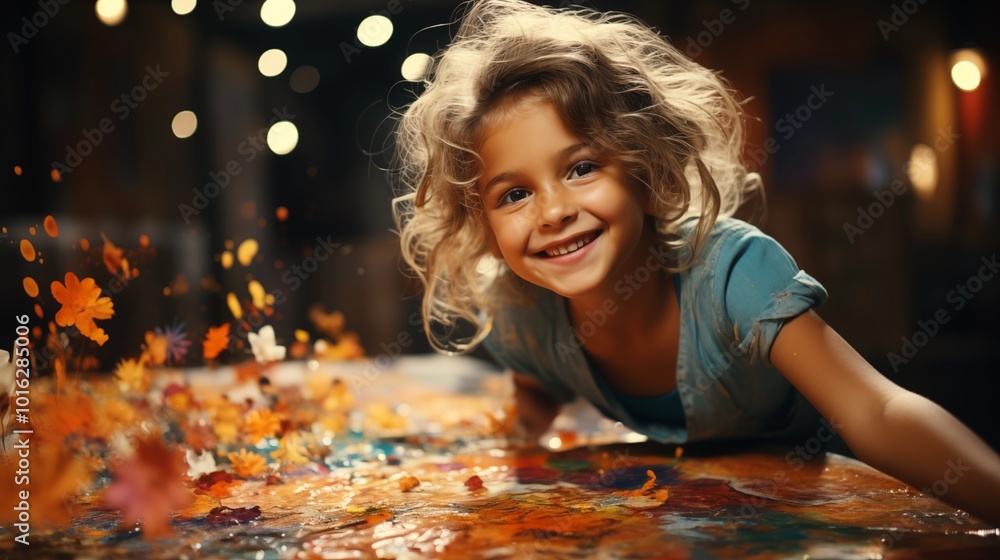 Little girl painting colorful art on wall, Happy funny girl showing dirty hands with colorful paint, Concept of art education and learning, Kid with activity, Child playing colors Little girl painting colorful art on wall, Happy funny girl showing dirty hands with colorful paint, Concept of art education and learning, Kid with activity, Child playing colors