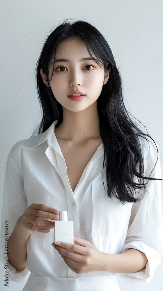 Woman Holding Perfume Bottle in White Shirt - Realistic Image Woman Holding Perfume Bottle in White Shirt - Realistic Image