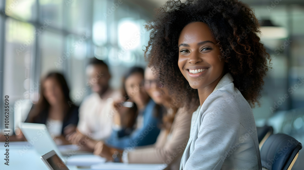 Portrait of happy young African American business woman at diverse team office meeting. Smiling confident professional businesswoman company employee leader with tablet sitting in board room