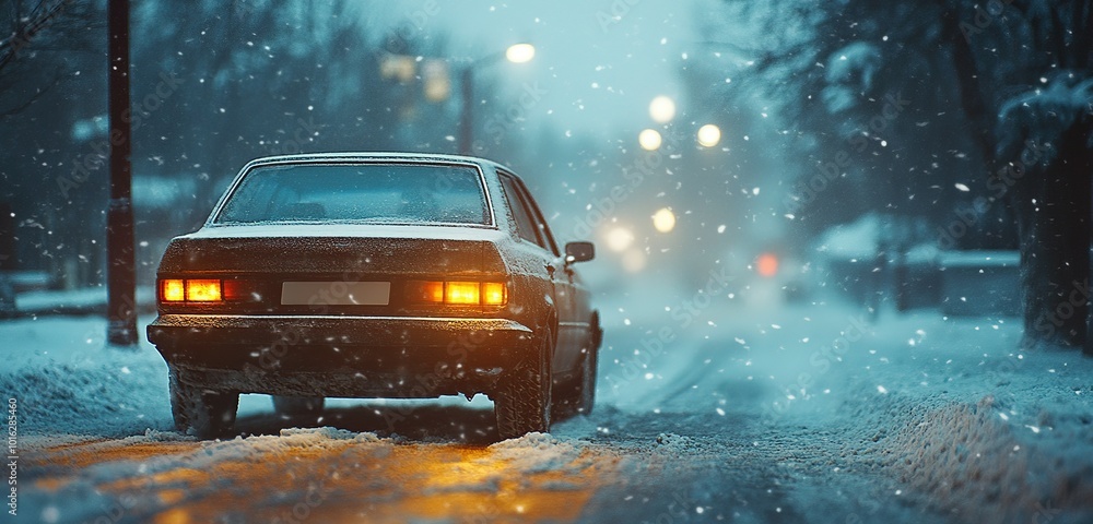 A car with winter tires is driving on the street in snowy weather. A car with winter tires is driving on the street in snowy weather.