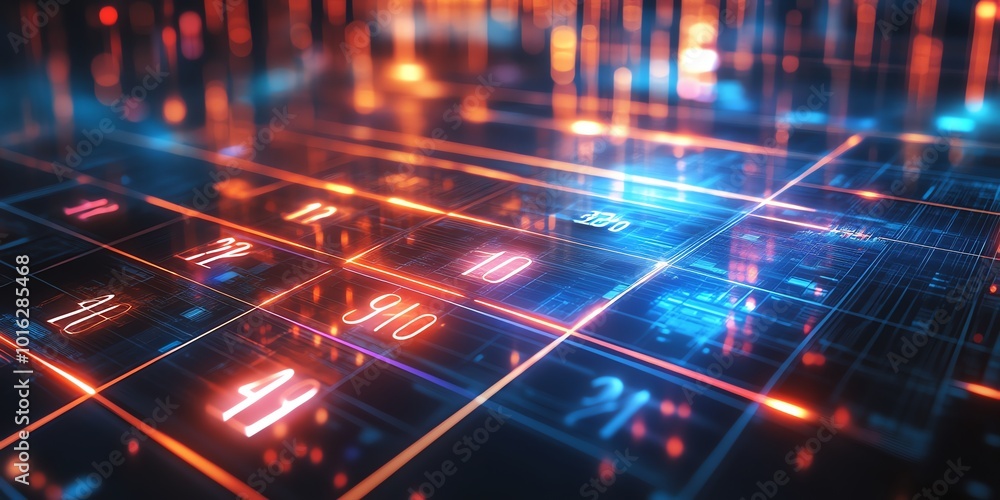 Abstract futuristic digital grid with glowing red and blue lights and numbers. Abstract futuristic digital grid with glowing red and blue lights and numbers.