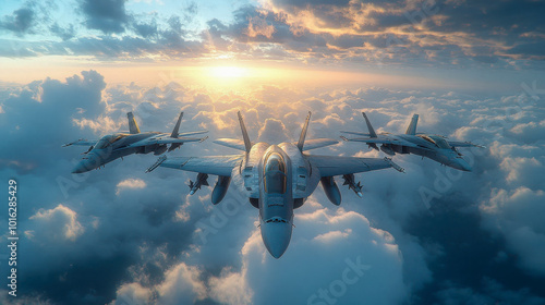 A powerful image of fighter jets flying in formation over a dramatic sunset sky. Perfect for military, aviation, and defense-related themes