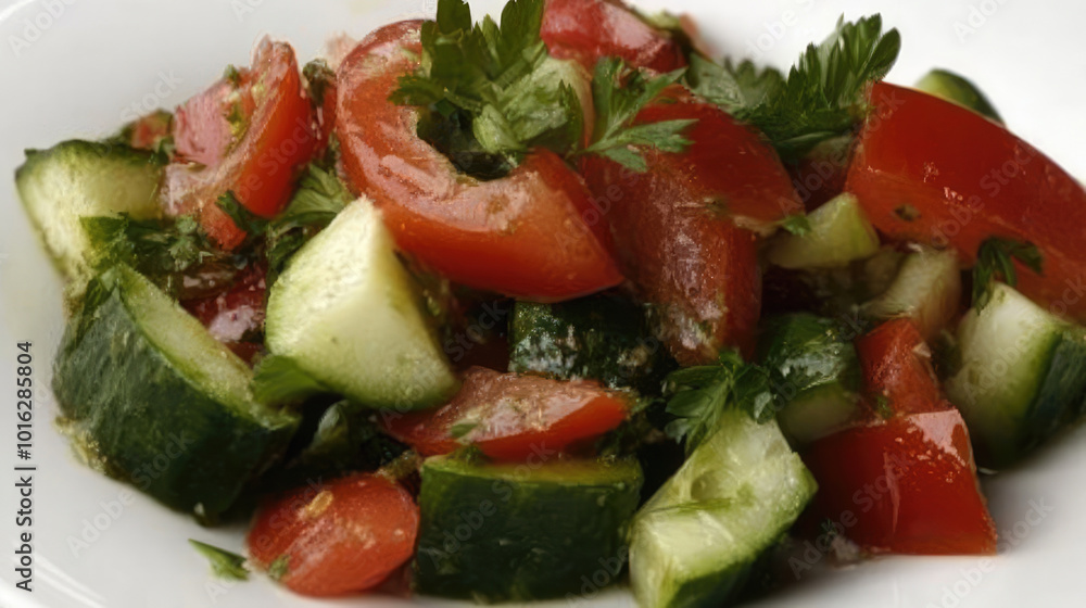A refreshing salad composed of crisp cucumbers and juicy tomatoes, enhanced by bright colors, representing the essence of healthy eating in a delightful arrangement.