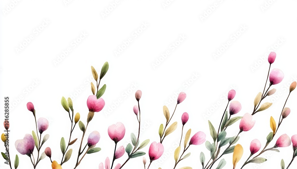 Fototapeta premium A delicate vector illustration of spring floral branches with soft watercolor leaves and blossoms, painted in pastel shades of pink, green, and yellow, isolated on a white background.