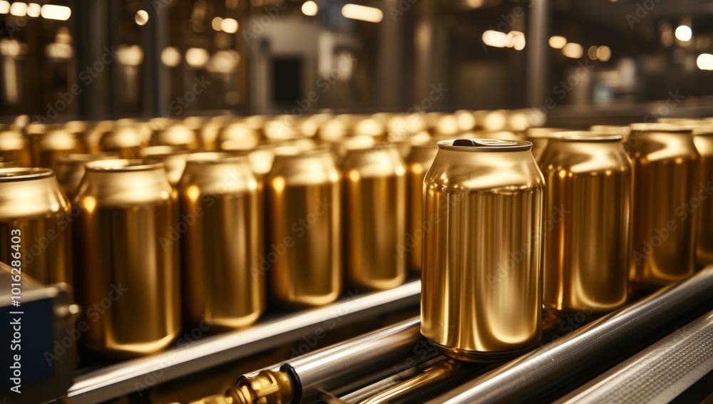 Close-up of a row of gold-colored cans on a conveyor belt in a factory setting. Close-up of a row of gold-colored cans on a conveyor belt in a factory setting.