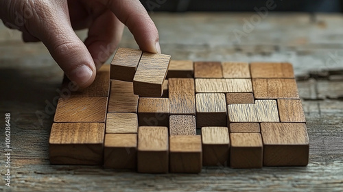 A concept highlighting the decision-making process and logical thinking, with a hand holding and placing the final piece of a wooden puzzle, symbolizing the completion of tasks and problem-solving