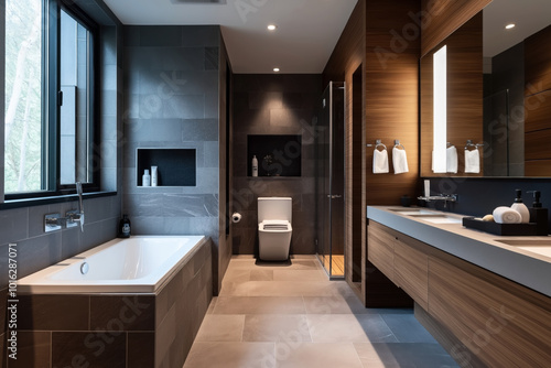 Modern bathroom with a bathtub, shower, and a toilet. Features wooden and dark tile design, large mirror, double sink, and built-in shelves. Natural light from a large window.