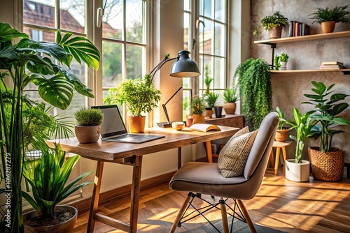 Cozy Workspace with Notebook and Green Plant - Architecture and Design Inspiration for Productivity