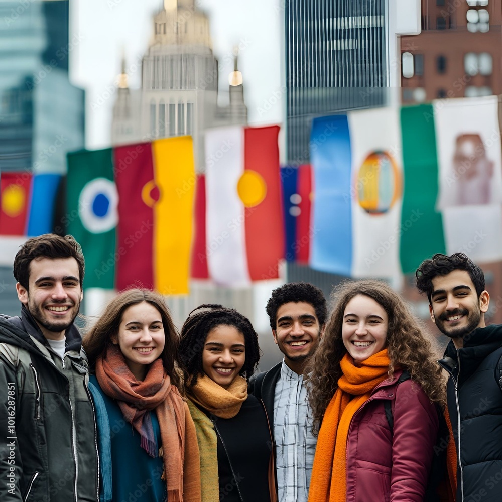 Diverse Group of People Standing United in Front of International Flags at Global Event. Diverse Group of People Standing United in Front of International Flags at Global Event.