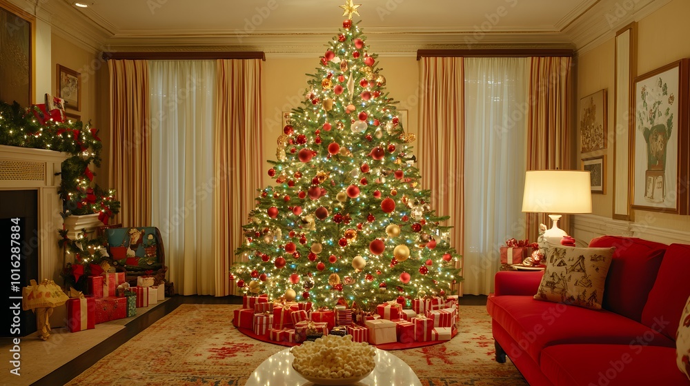 Decorated Christmas Tree in a Living Room with Red Sofa and Gifts Decorated Christmas Tree in a Living Room with Red Sofa and Gifts