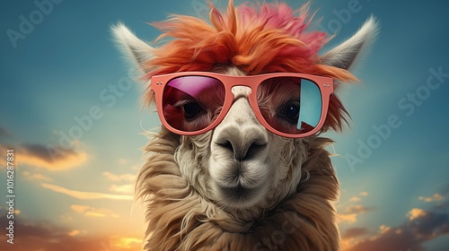 llama in stylish sunglasses: quirky commercial editorial image on solid pastel background, surreal surrealism concept