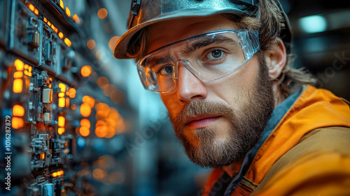 A focused engineer in protective gear adjusts components on an electrical control panel