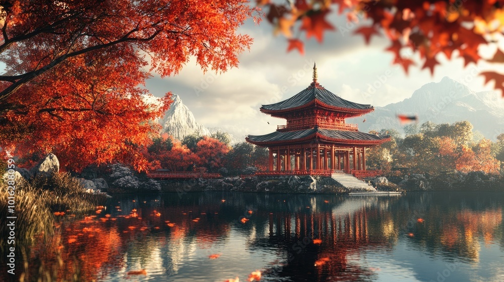 Obraz premium Red Pagoda Temple Complex With Reflecting Water 3d animation