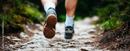 A motion-focused image of men's legs running through a rough mountain trail, his shoes making solid contact with the rugged ground, while the backpack's straps sway in sync with his swift movements.