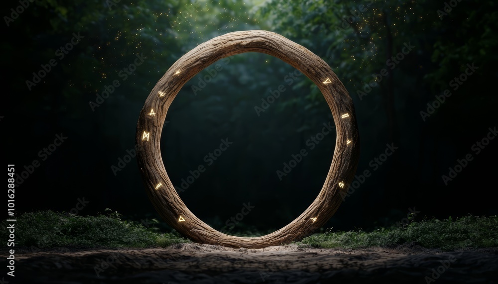 A portal formed by ancient tree branches woven together into an arch, with luminous runes glowing along the wood, surrounded by dense forest greenery and magical sparkles in the air. A portal formed by ancient tree branches woven together into an arch, with luminous runes glowing along the wood, surrounded by dense forest greenery and magical sparkles in the air.