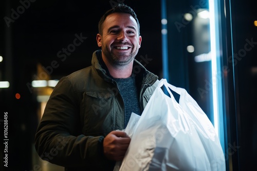 An adult male is happily shopping at a mall during the Black Friday carnival. his hands is a large and full shopping bag, as if he had just found a lot of good things from the discount section.  photo