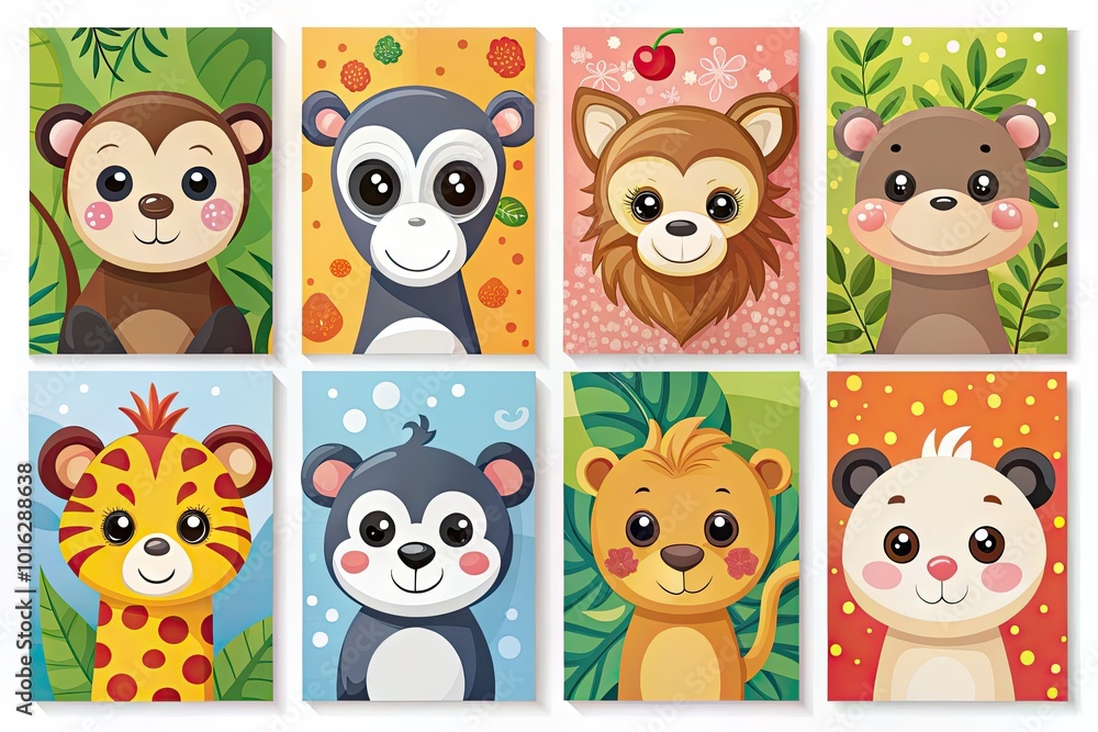 Obraz premium Cute Cartoon Animal Vertical Cards Featuring Giraffe, Hippo, Monkey, Panda, and Lion for Playful Decor