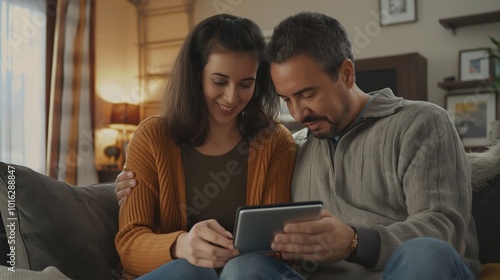 Man and woman sit on couch together, engrossed in digital devices. Man holds tablet, woman holds phone. Gray blanket on couch, lamp on table. Beige room with window in background.