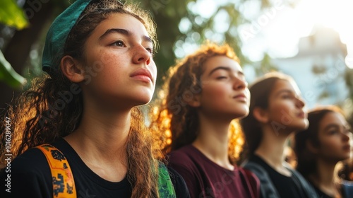 A serene group of girls with curly hair gazes thoughtfully, embodying a moment of reflection amidst nature's beauty.