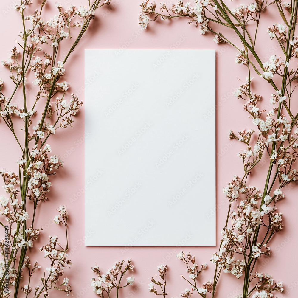 Blank white paper surrounded by delicate flowers on a soft pink background, perfect for crafting or creative projects Blank white paper surrounded by delicate flowers on a soft pink background, perfect for crafting or creative projects