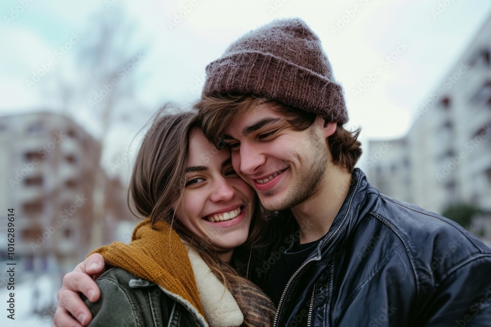 Young couple in love hugging and kissing on the street in winter. Young couple in love hugging and kissing on the street in winter.