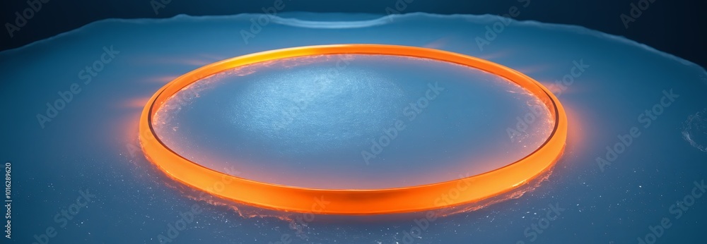 orange, ellipse neon light outline set on a cold, icy surface with scattered transparent ice chunks, creating a striking contrast between warmth and coldness. orange, ellipse neon light outline set on a cold, icy surface with scattered transparent ice chunks, creating a striking contrast between warmth and coldness.