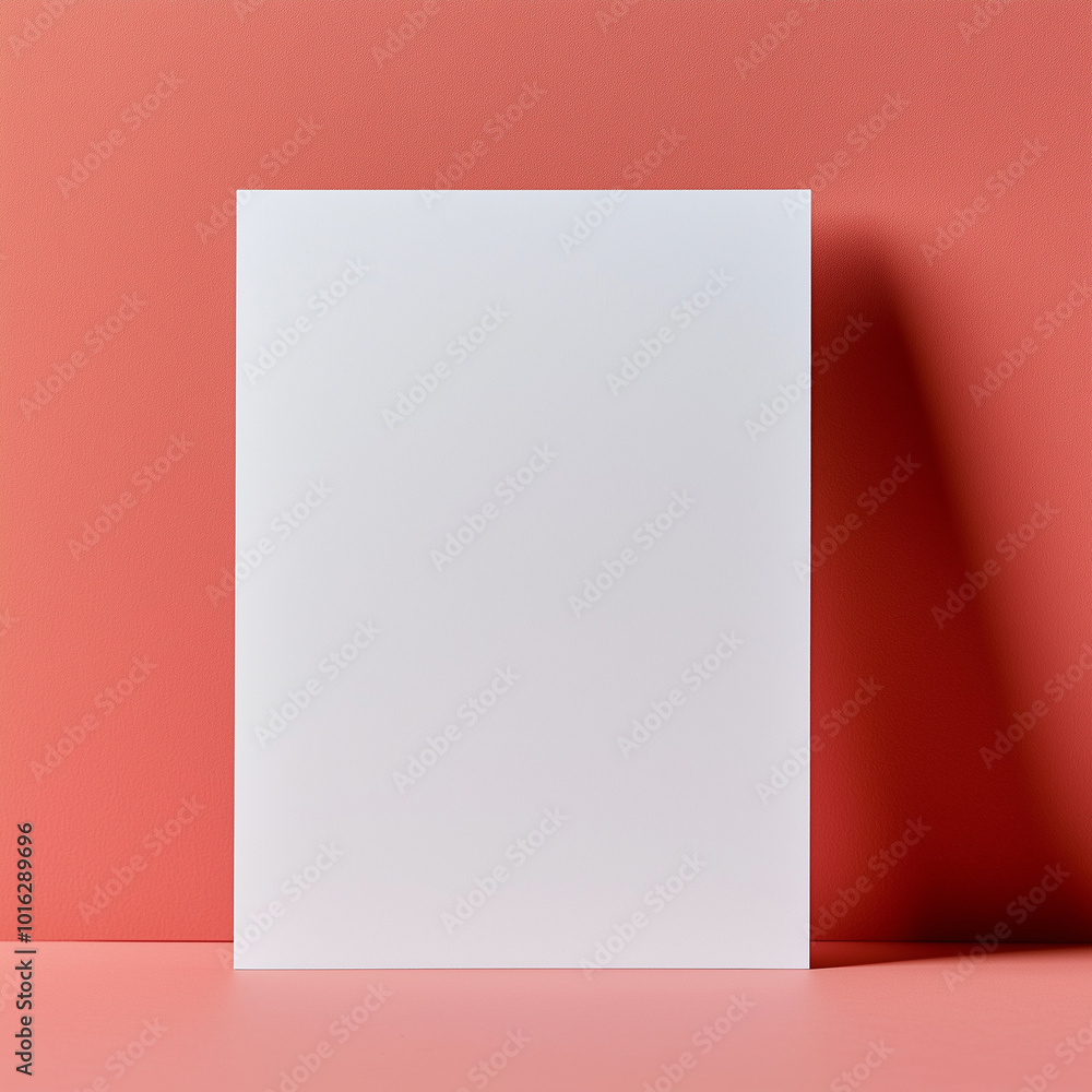 Blank white sheet of paper placed against a coral backdrop with soft lighting creating subtle shadows in an indoor setting Blank white sheet of paper placed against a coral backdrop with soft lighting creating subtle shadows in an indoor setting