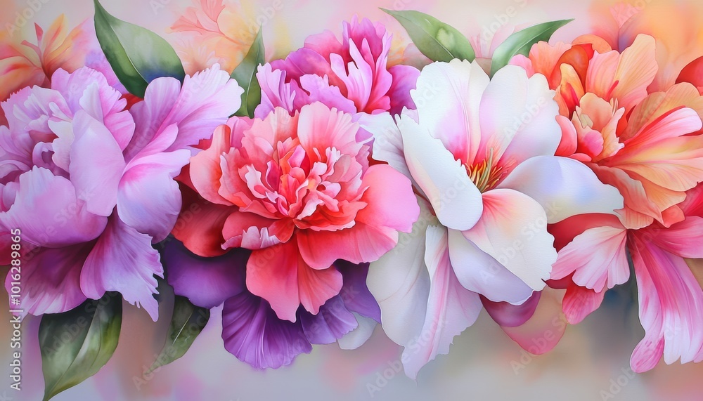 A vibrant watercolor bouquet featuring lush peonies, roses, and lilies, with soft, flowing petals and rich green leaves, blending seamlessly into a botanical background. A vibrant watercolor bouquet featuring lush peonies, roses, and lilies, with soft, flowing petals and rich green leaves, blending seamlessly into a botanical background.