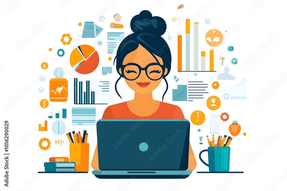Flat style woman managing an online business from a laptop in a minimalist workspace Flat style woman managing an online business from a laptop in a minimalist workspace
