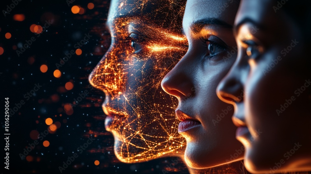 Three profiles showcase a blend of technology and humanity, with glowing lines suggesting a digital interface or connection between them. Three profiles showcase a blend of technology and humanity, with glowing lines suggesting a digital interface or connection between them.