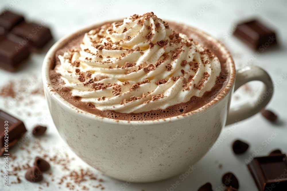 cup of hot chocolate topped with whipped cream presented against a clean white background the rich creamy texture and inviting appearance create a cozy and indulgent vibe perfect for winter treats cup of hot chocolate topped with whipped cream presented against a clean white background the rich creamy texture and inviting appearance create a cozy and indulgent vibe perfect for winter treats