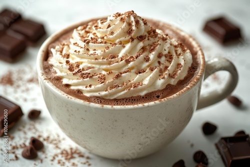 cup of hot chocolate topped with whipped cream presented against a clean white background the rich creamy texture and inviting appearance create a cozy and indulgent vibe perfect for winter treats