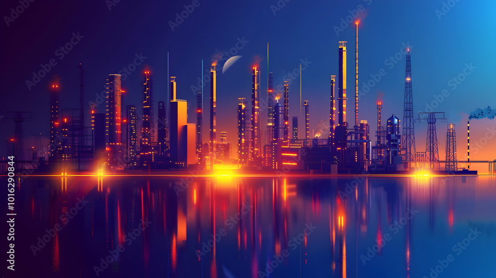 Fototapeta premium The future of Oil Industry - Future factory plant and energy industry concept in creative graphic design. Oil, gas and petrochemical refinery factory showing next generation of power and energy busine