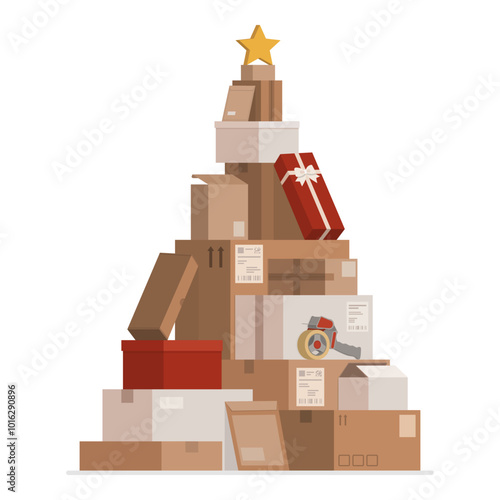 Many delivery boxes and gifts arranged in the shape of a Christmas tree