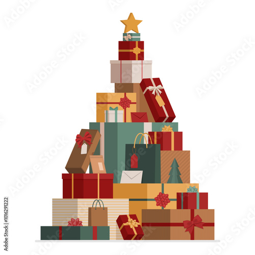 Many colorful Christmas gifts arranged in the shape of a Christmas tree