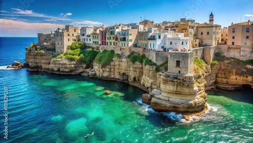 High angle shot of Polignano a Mare from the water