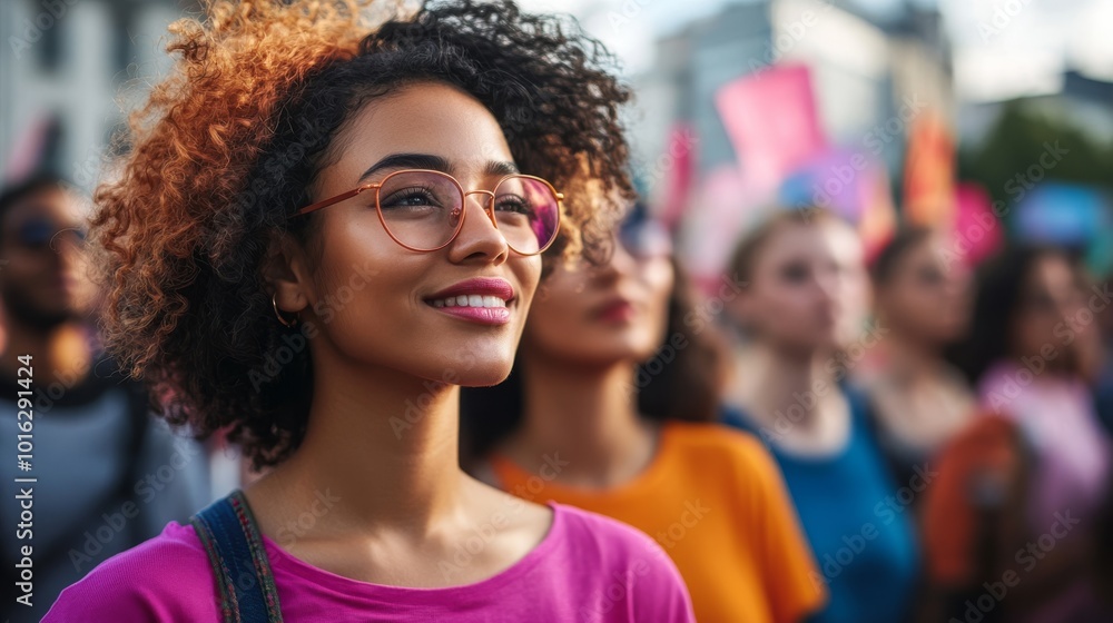 A joyful young woman with curly hair smiles amidst a diverse crowd at a social gathering, showcasing unity and activism. A joyful young woman with curly hair smiles amidst a diverse crowd at a social gathering, showcasing unity and activism.