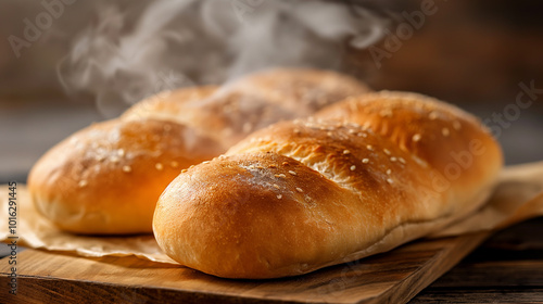 Delicious fresh just-baked bread on the table with a dark background. The concept of fresh pastries and delicious cuisine.