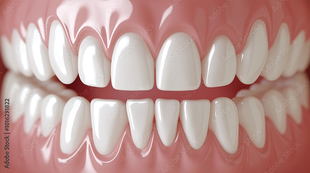 Obraz premium Realistic vector showing an upper row of perfectly clean, white teeth and gums, arranged in a curved formation
