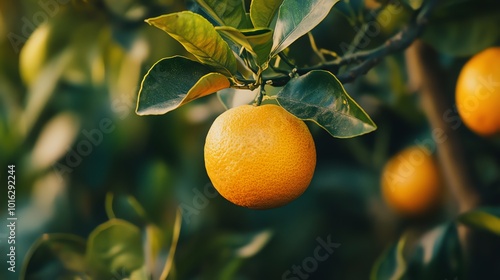 A ripe orange hanging from a tree branch.